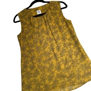 Cabi 3617 Mustard Yellow Paisley Pleated Neck Sleeveless Blouse Top Womens XS